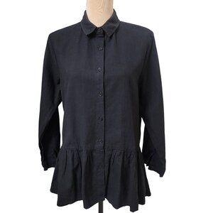 Mordenmiss Size L Black Linen Button Down Long Sleeve Pleated Babydoll Tunic